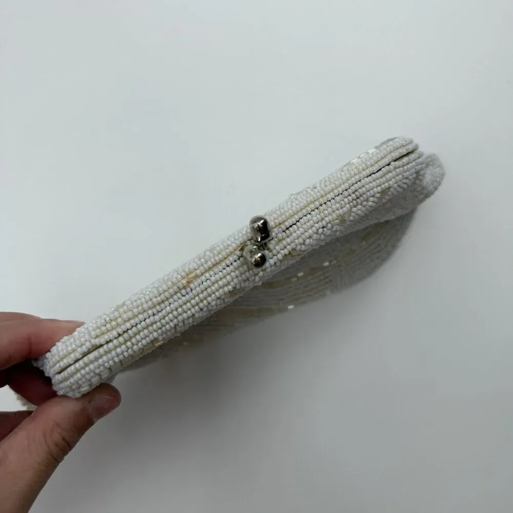 Vintage Unbranded Ivory Beaded Silver Clutch Evening Bag Small Dainty Bridal